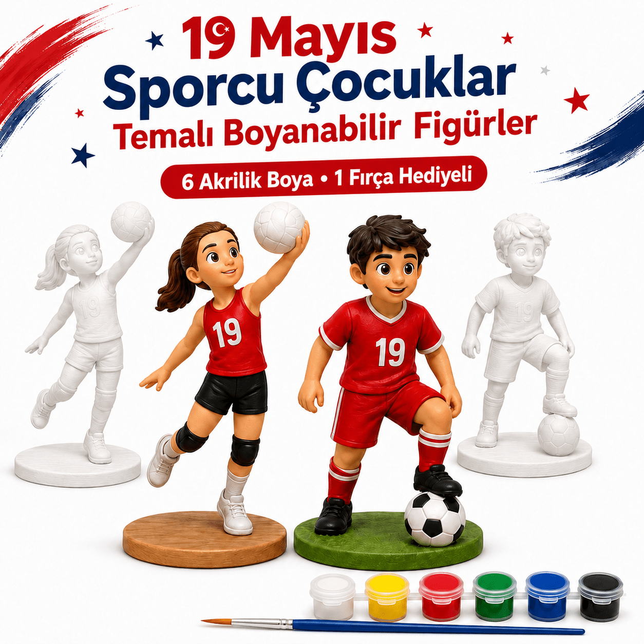 19 Mayıs Sporcu Çocuklar Temalı Boyanabilir Figürler - Antiola