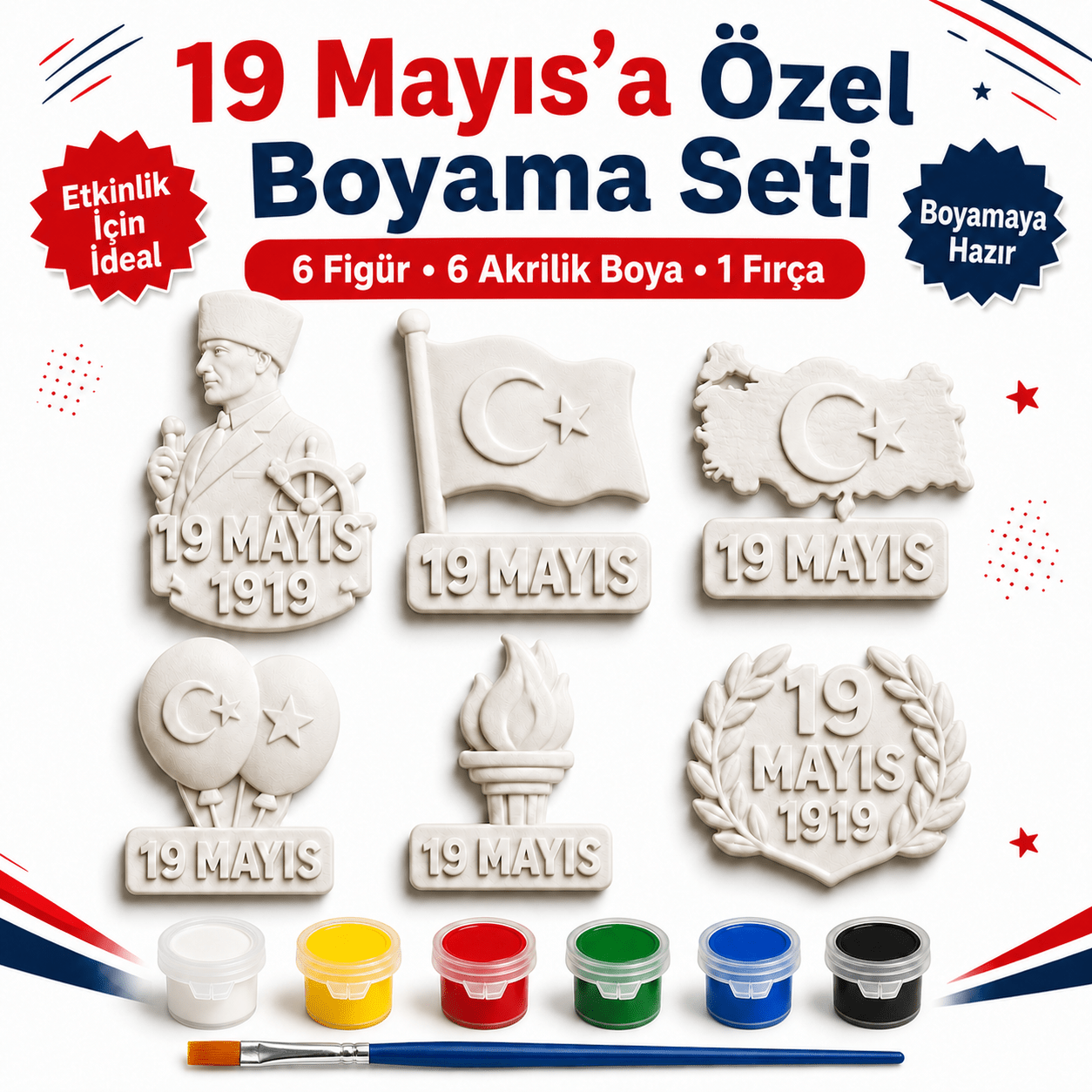 19 Mayıs Temalı Boyanabilir Figürler Boyama Seti | 6 Parça Figür - Antiola