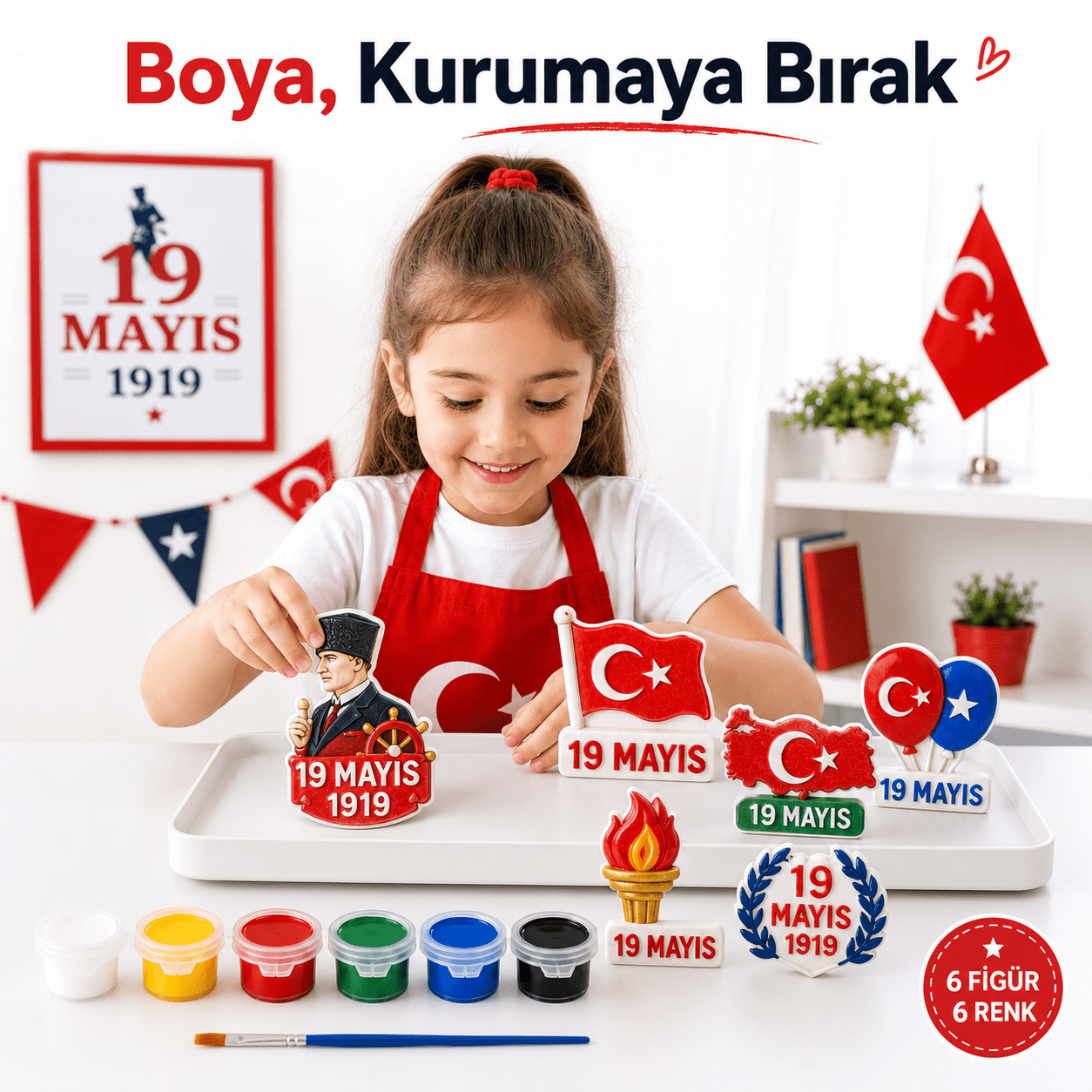 19 Mayıs Temalı Boyanabilir Figürler Boyama Seti | 6 Parça Figür - Antiola