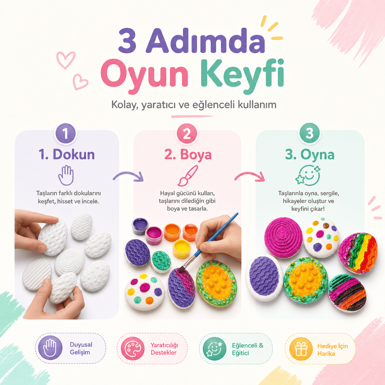 Dokulu Boyama Taşları | 7 adet | Hafif | Duyusal Gelişim Eğitici Boyama Seti | 6'lı Akrilik Boya ve Fırça Hediye - Antiola