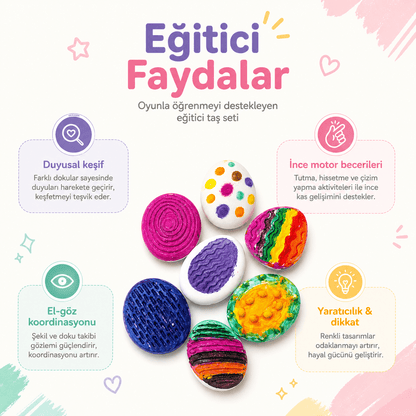 Dokulu Boyama Taşları | 7 adet | Hafif | Duyusal Gelişim Eğitici Boyama Seti | 6'lı Akrilik Boya ve Fırça Hediye - Antiola