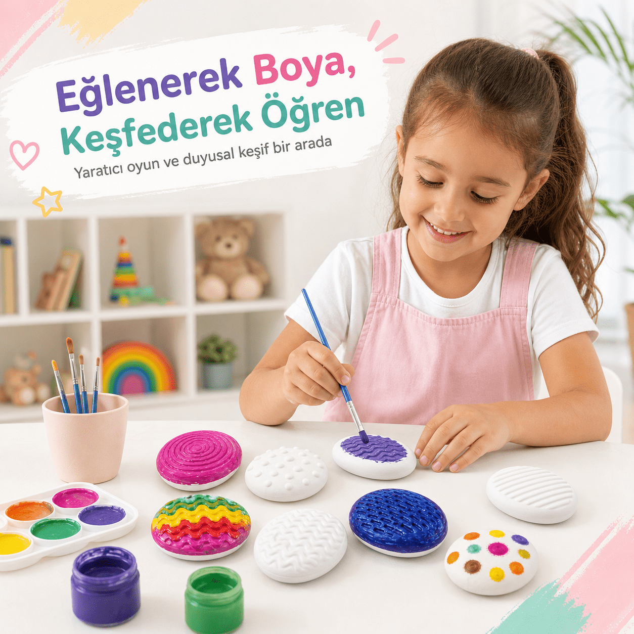 Dokulu Boyama Taşları | 7 adet | Hafif | Duyusal Gelişim Eğitici Boyama Seti | 6'lı Akrilik Boya ve Fırça Hediye - Antiola
