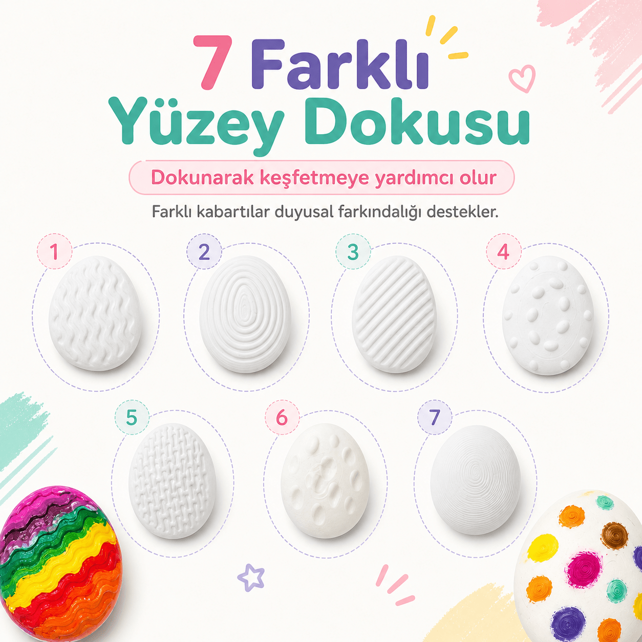 Dokulu Boyama Taşları | 7 adet | Hafif | Duyusal Gelişim Eğitici Boyama Seti | 6'lı Akrilik Boya ve Fırça Hediye - Antiola