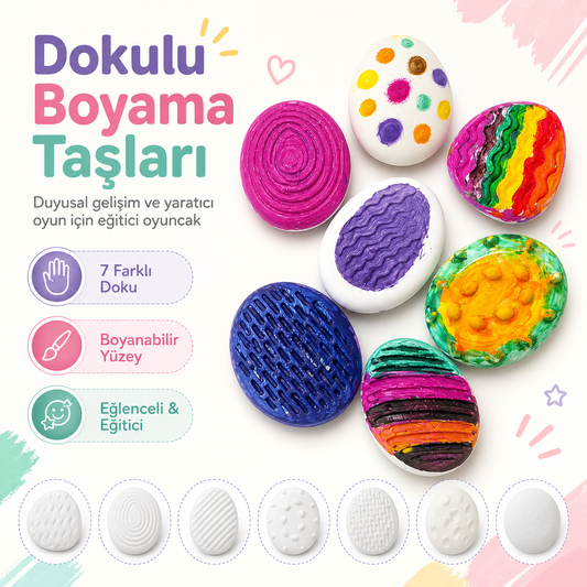 Dokulu Boyama Taşları | 7 adet | Hafif | Duyusal Gelişim Eğitici Boyama Seti | 6'lı Akrilik Boya ve Fırça Hediye