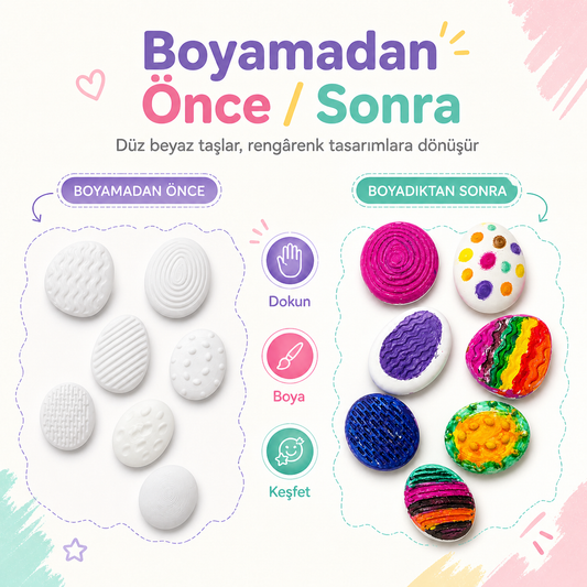 Dokulu Boyama Taşları | 7 adet | Hafif | Duyusal Gelişim Eğitici Boyama Seti | 6'lı Akrilik Boya ve Fırça Hediye