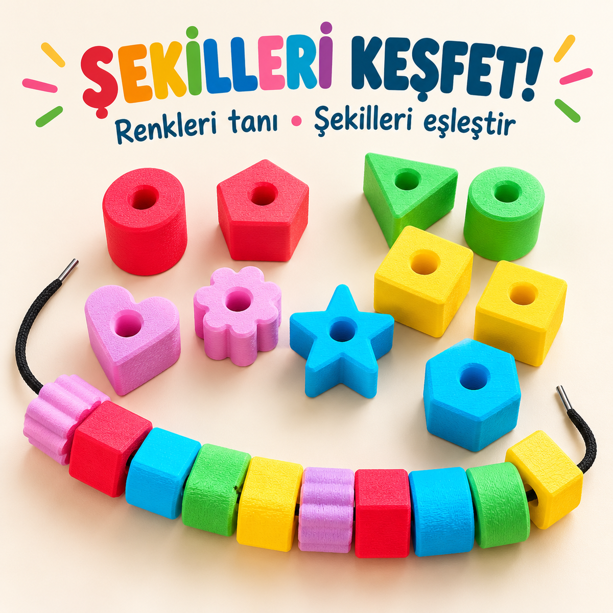 İpe Dizme Oyuncağı, Renkli Geometrik Şekiller