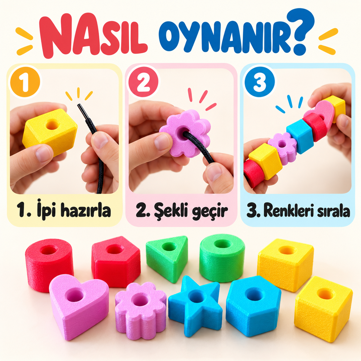 İpe Dizme Oyuncağı, Renkli Geometrik Şekiller