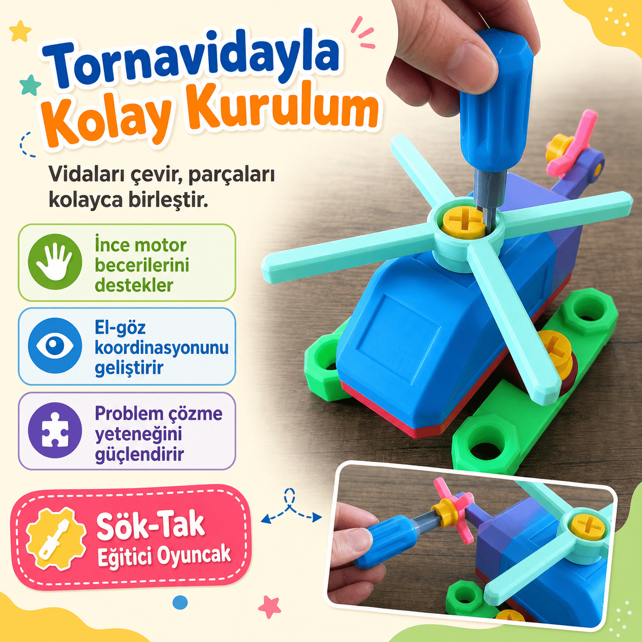 Sök Tak Vidalı Helikopter Oyuncak Seti | Tornavidalı Eğitici Montaj Oyuncağı - Antiola
