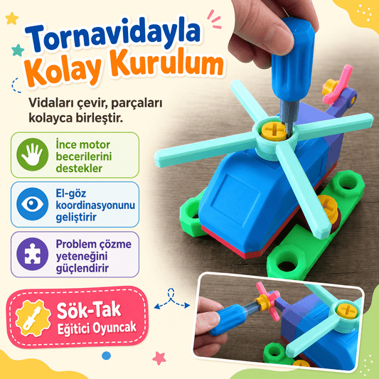 Sök Tak Vidalı Helikopter Oyuncak Seti | Tornavidalı Eğitici Montaj Oyuncağı - Antiola