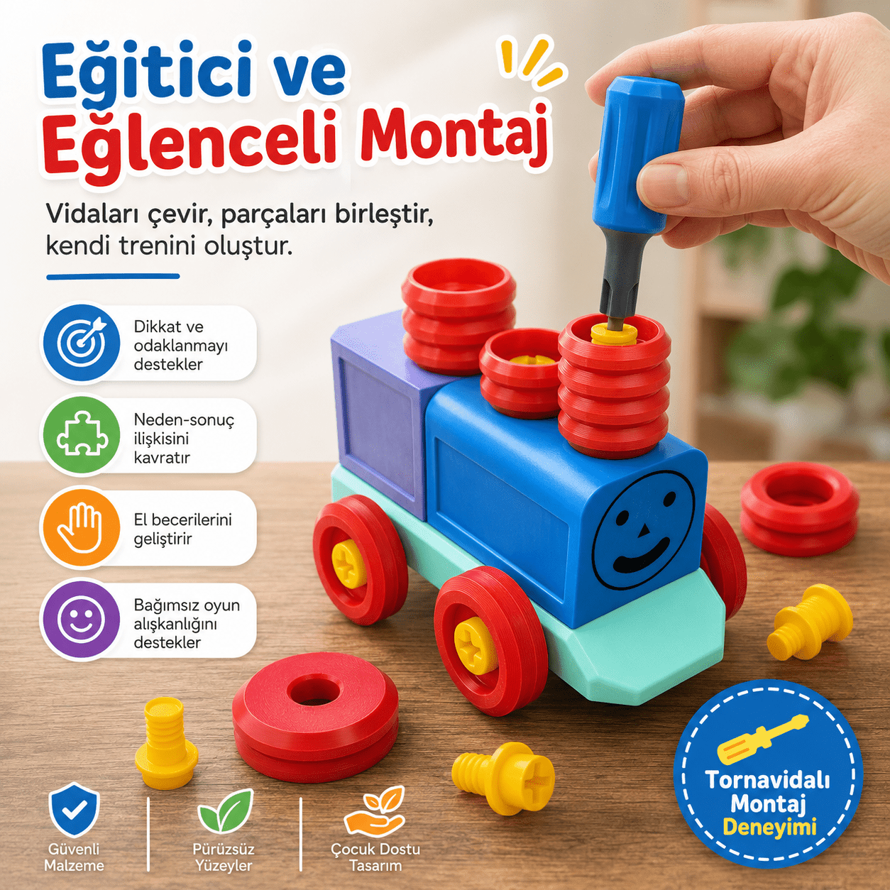 Sök Tak Vidalı Tren Oyuncak Seti | Tornavidalı Eğitici Montaj Oyuncağı - Antiola