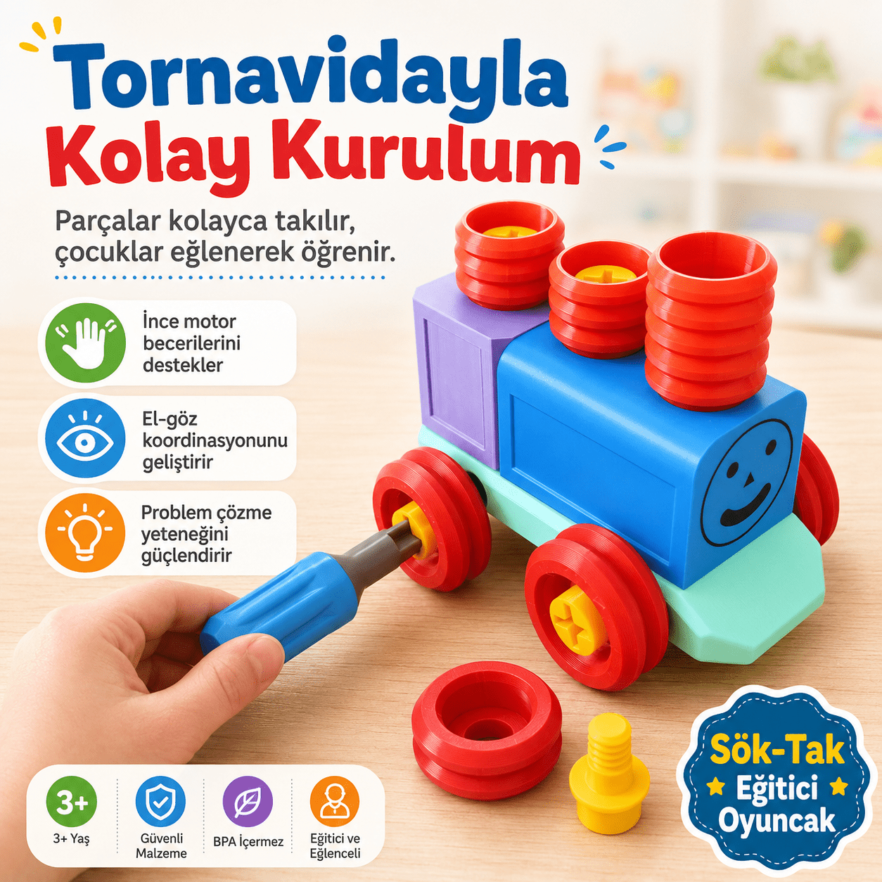 Sök Tak Vidalı Tren Oyuncak Seti | Tornavidalı Eğitici Montaj Oyuncağı - Antiola