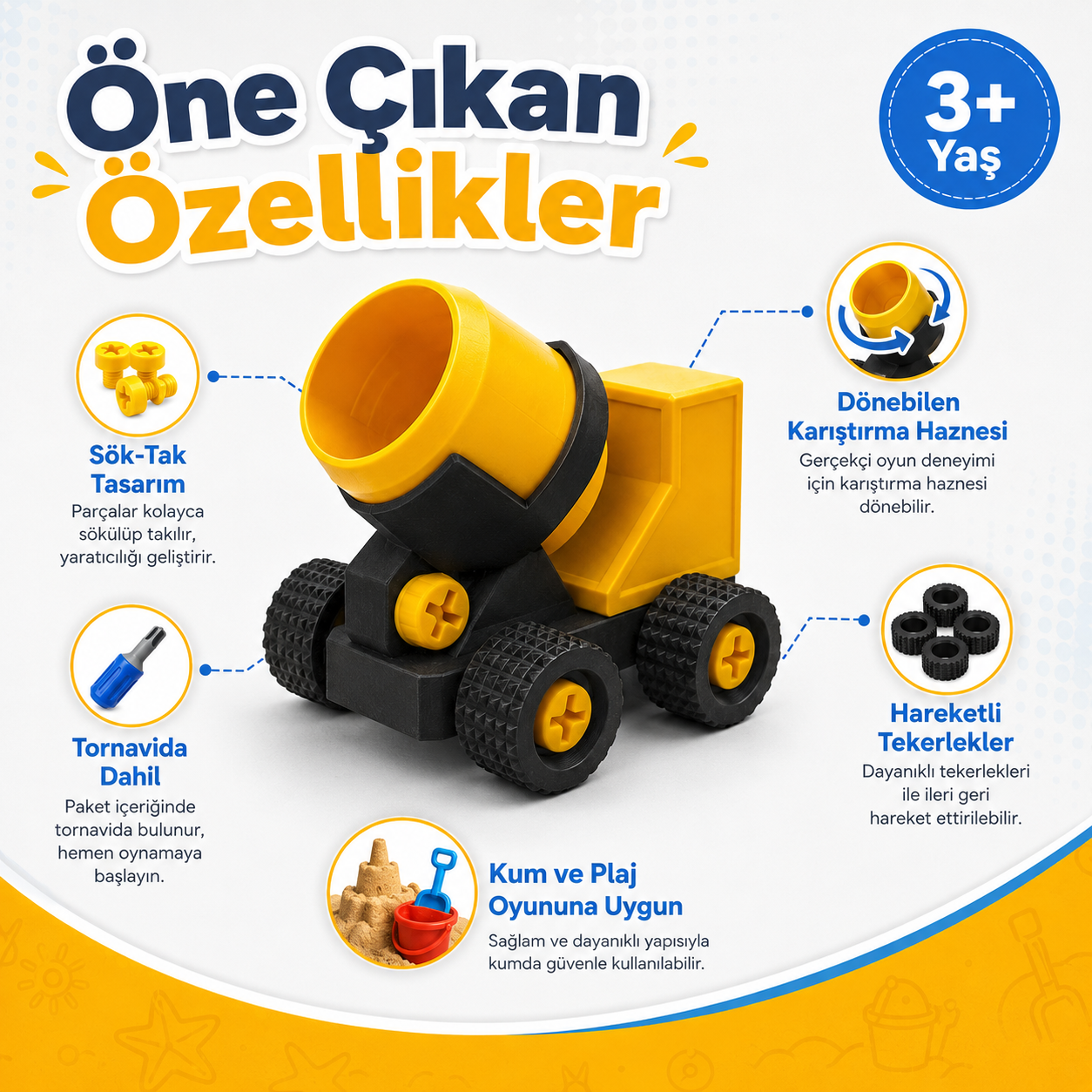 Söktak Beton Mikseri | Kum Karıştırma Plaj Oyuncağı | İnşaat Araçları, STEM